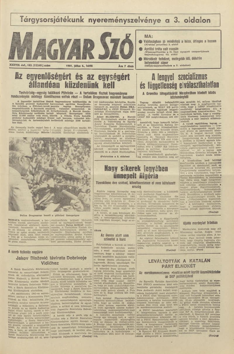 Magyar Szó, 38. évf. 1981. július 6. 183. sz.