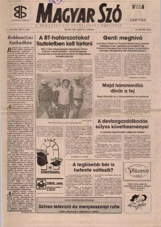 Magyar Szó, 50. évf. 1993. július 22. 196. sz. 1–16. oldal