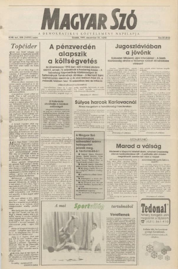 Magyar Szó, 48. évf. 1991. december 30. 358. sz. 1–16. oldal