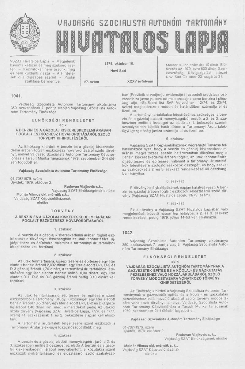Vajdaság Szocialista Autonóm Tartomány Hivatalos Lapja, 35. évf. 1979. október 10. 27. sz. 1197–1212. oldal