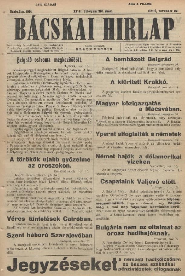 Bácskai Hirlap, 18. évf. 1914. november 16. 301. sz.