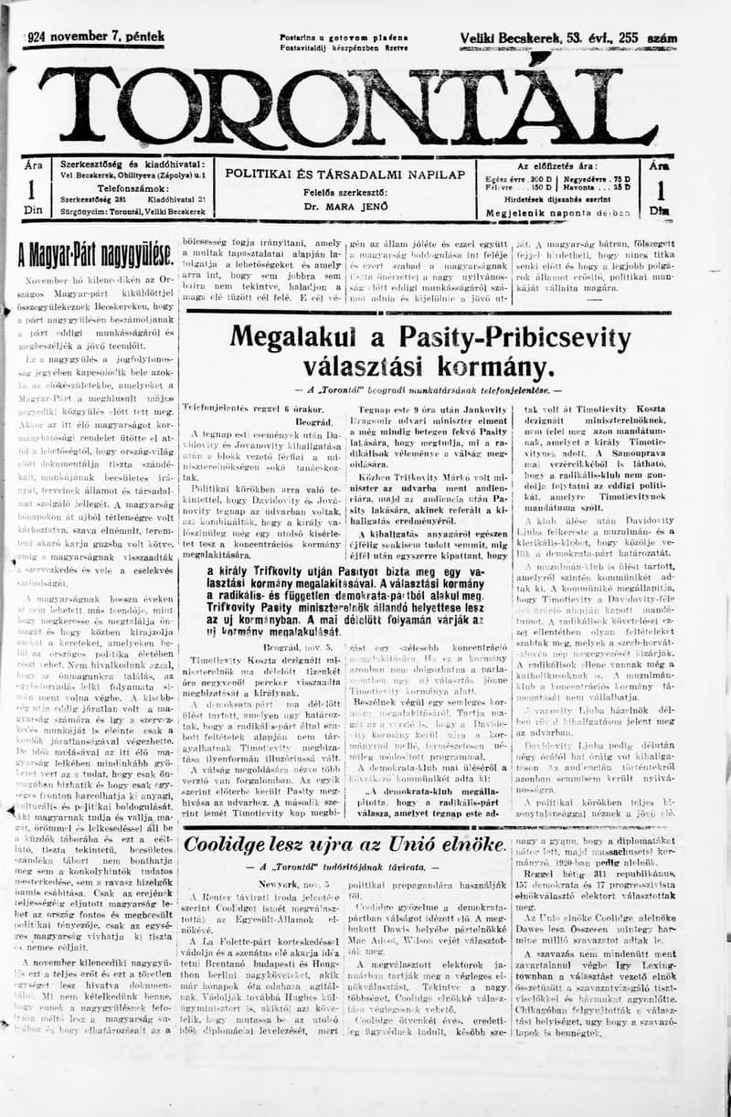 Torontál, 53. évf. 1924. november 7. 255. sz.