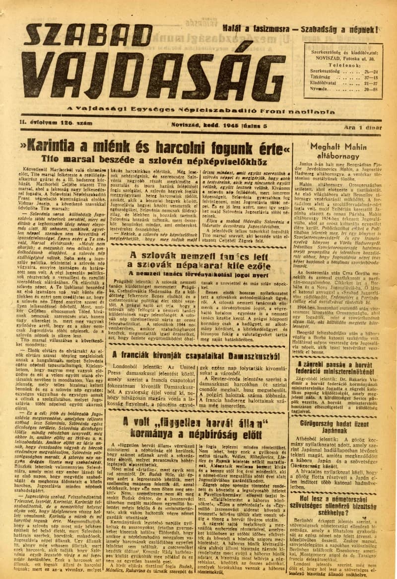 Szabad Vajdaság, 2. évf. 1945. június 5. 126. sz.