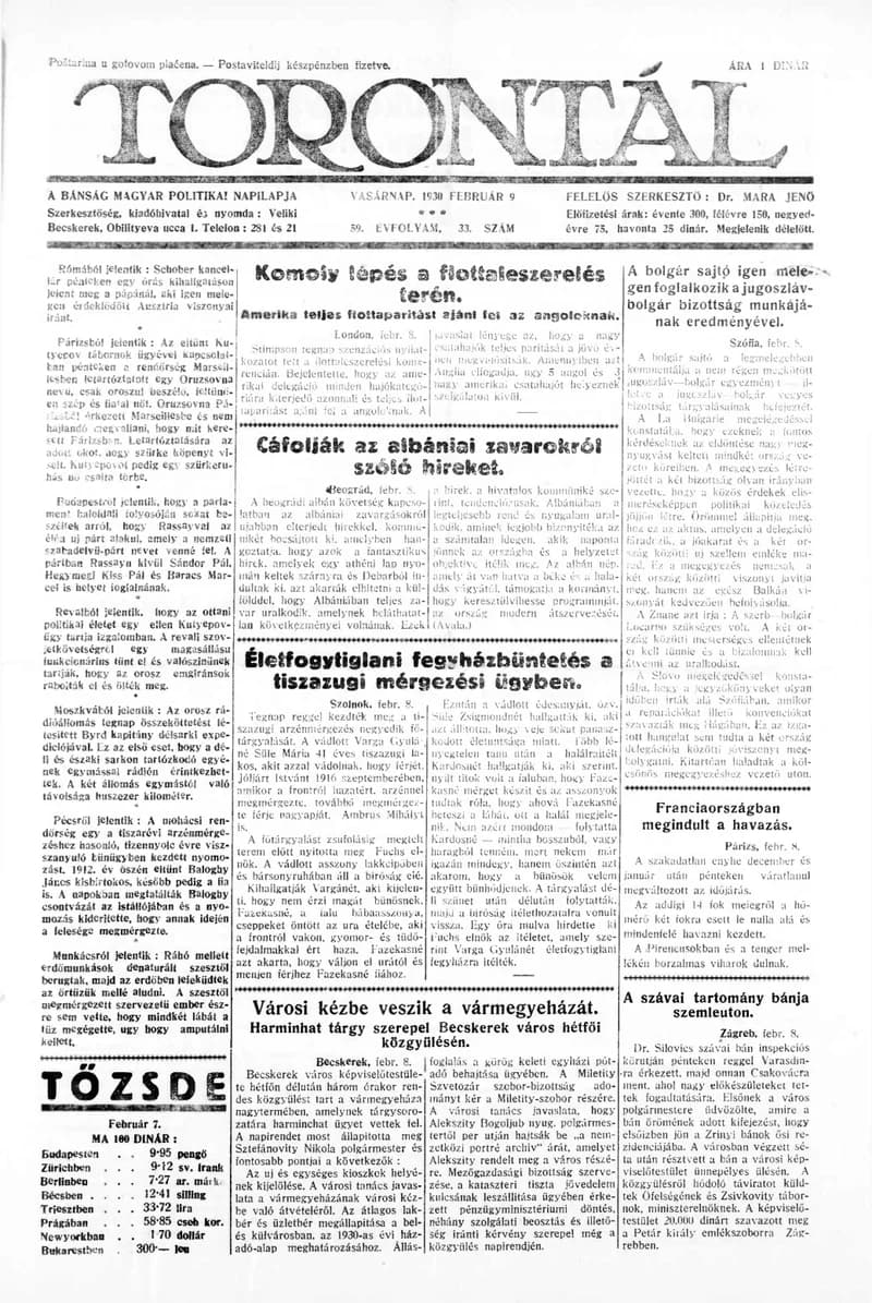 Torontál, 59. évf. 1930. február 9. 33. sz.