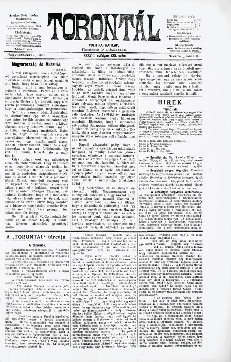Torontál, 38. évf. 1909. június 2. 123. sz.