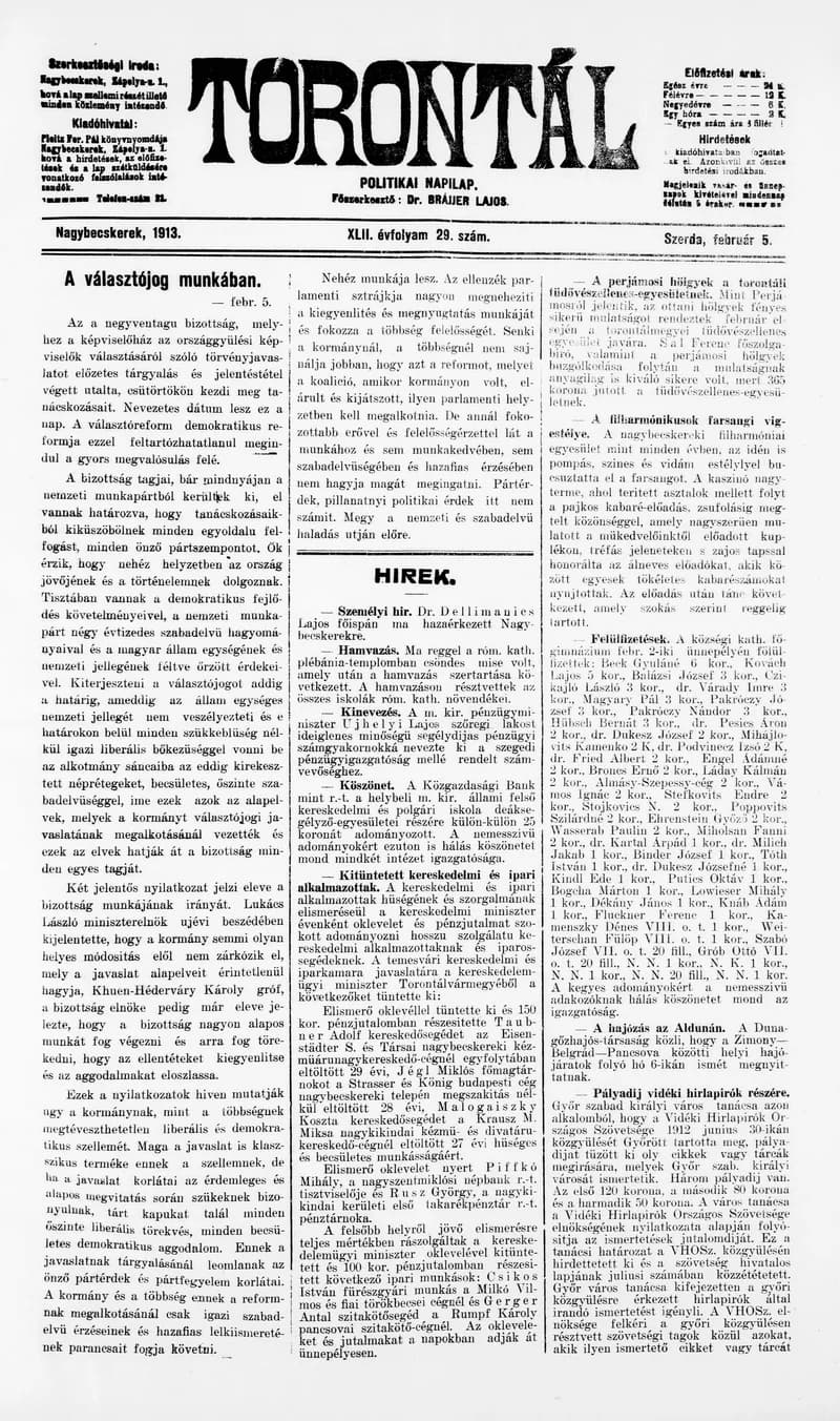Torontál, 42. évf. 1913. február 5. 29. sz.