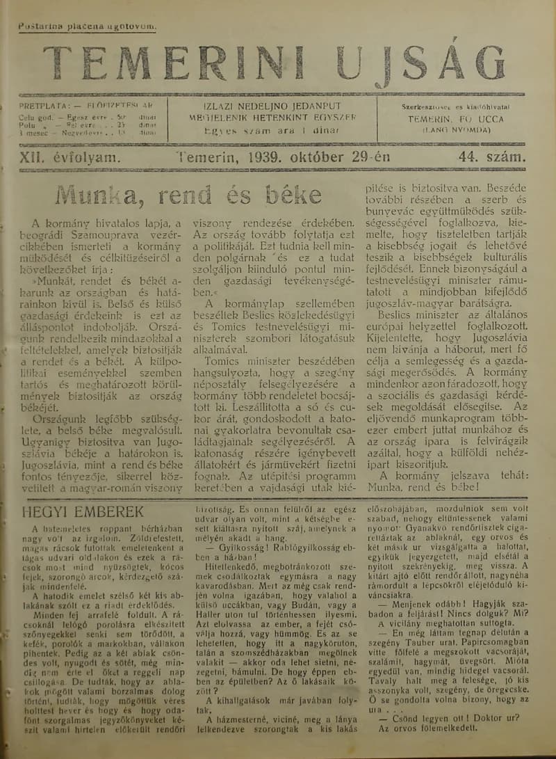 Temerini Újság 1928-1944, 12. évf. 1939. október 29. 44. sz.
