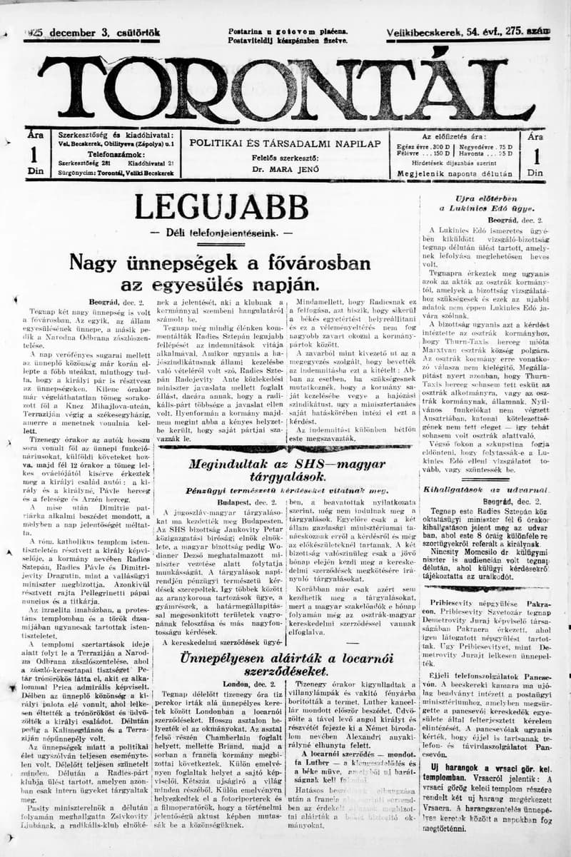 Torontál, 54. évf. 1925. december 3. 275. sz.