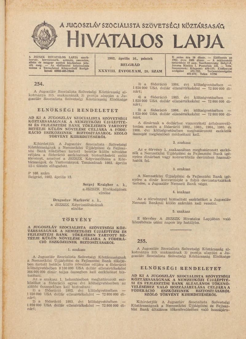 A Jugoszláv Szocialista Szövetségi Köztársaság Hivatalos Lapja, 38. évf. 1982. április 16. 20. sz. 546–576. oldal