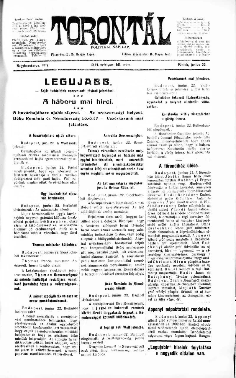 Torontál, 46. évf. 1917. június 22. 141. sz.