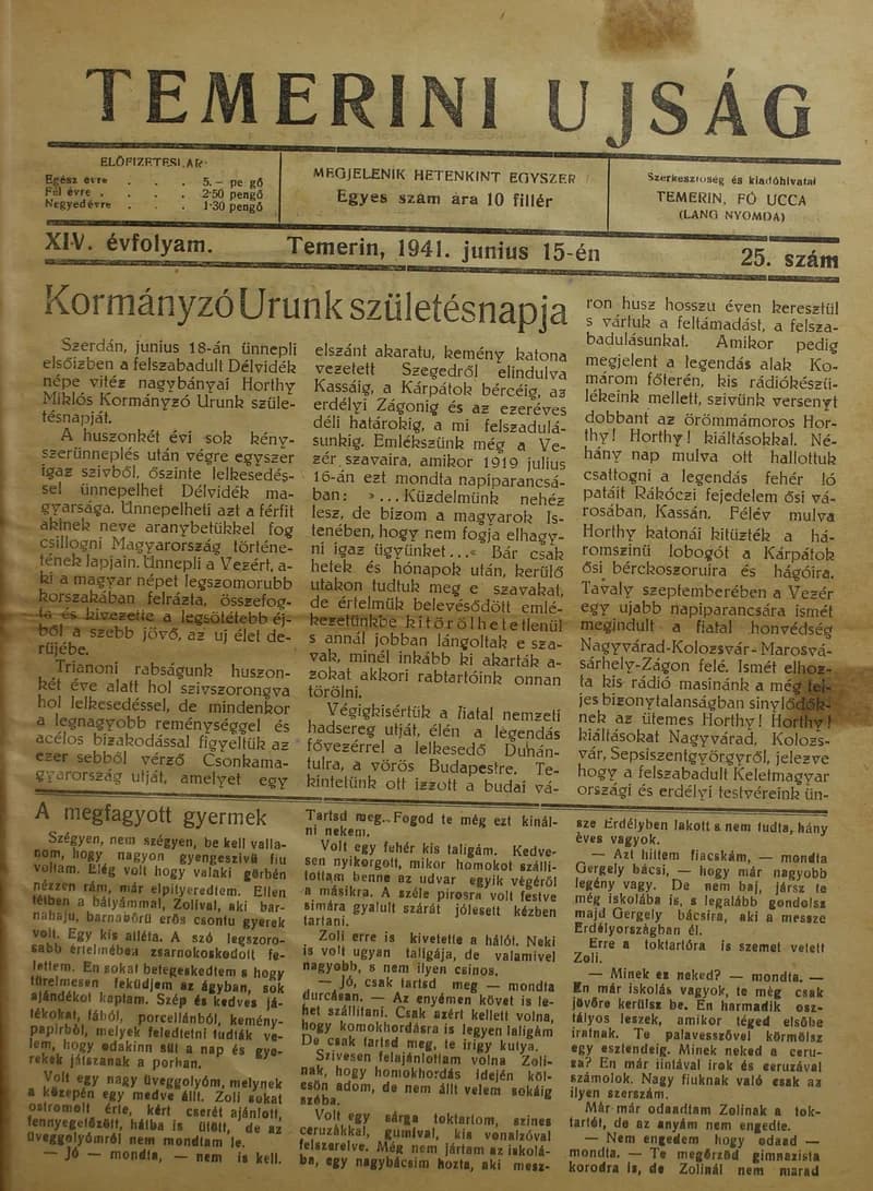 Temerini Újság 1928-1944, 14. évf. 1941. június 15. 25. sz.