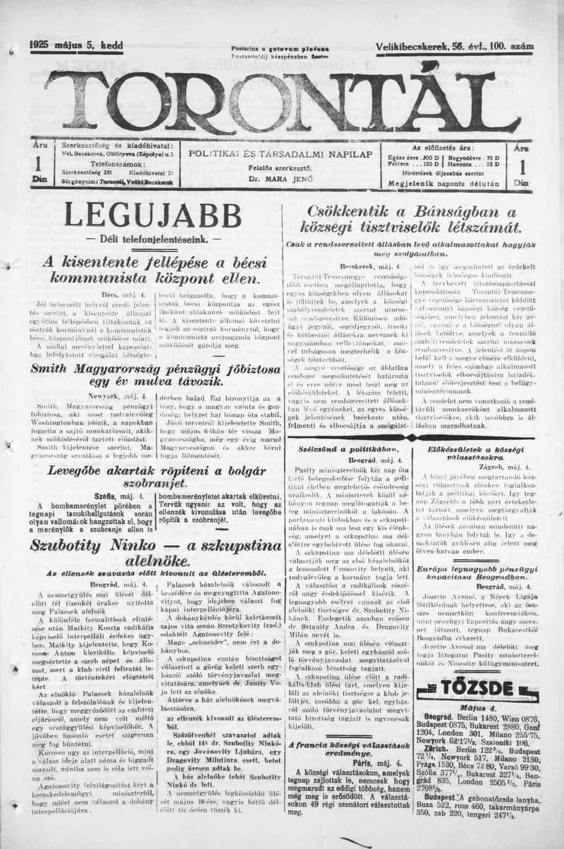 Torontál, 54. évf. 1925. május 5. 100. sz.