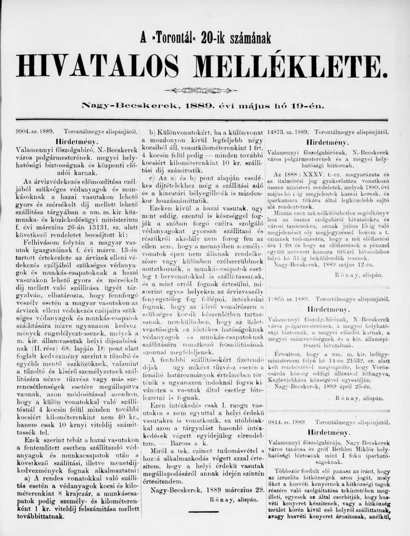 A Totontál  hivatalos melléklete, 2. évf. 1889. május 19. 20. sz.