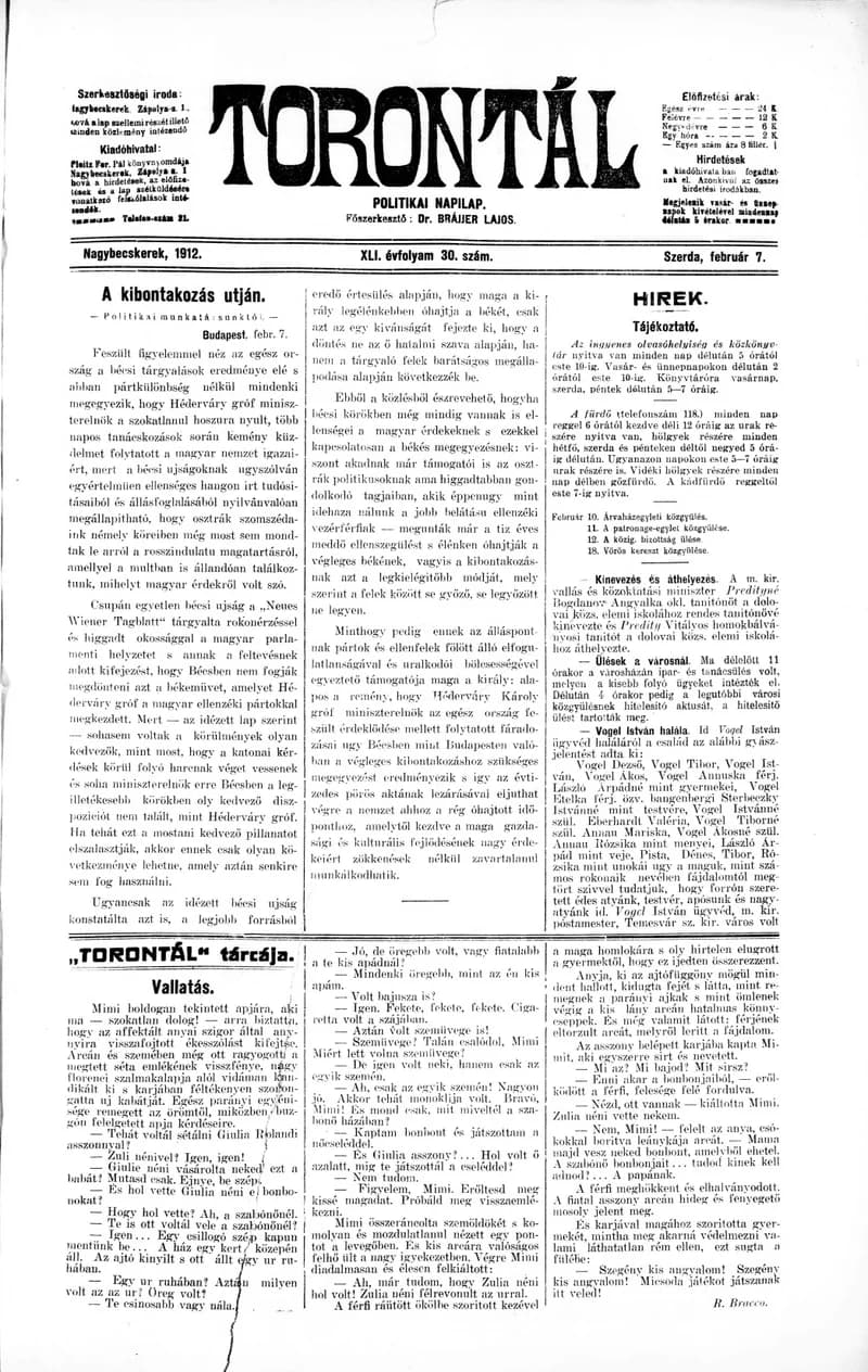 Torontál, 41. évf. 1912. február 7. 30. sz.