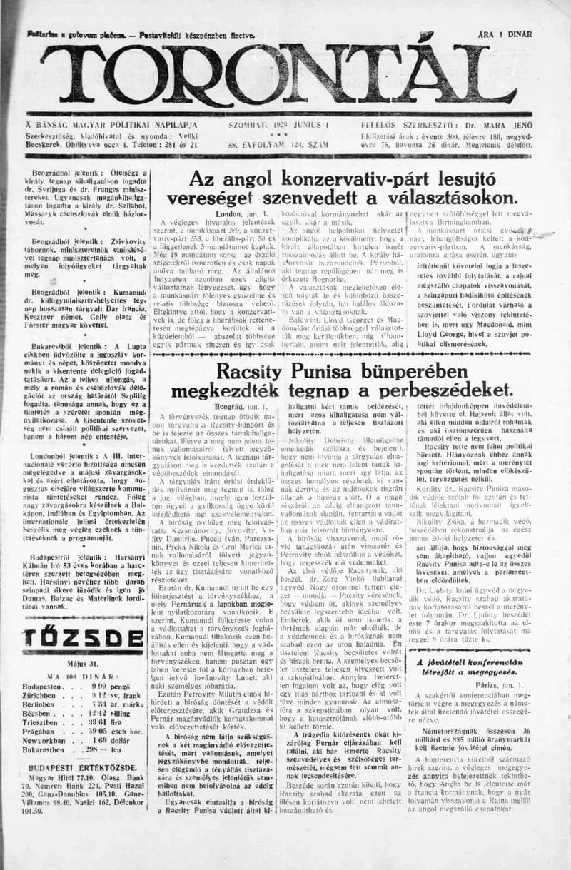 Torontál, 58. évf. 1929. június 1. 124. sz.