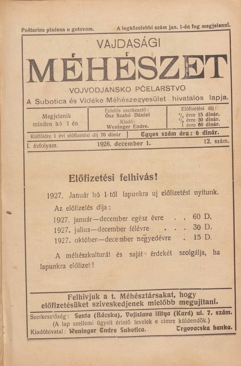 Vajdasági méhészet, 1. évf. 1926. december 1. 12. sz.