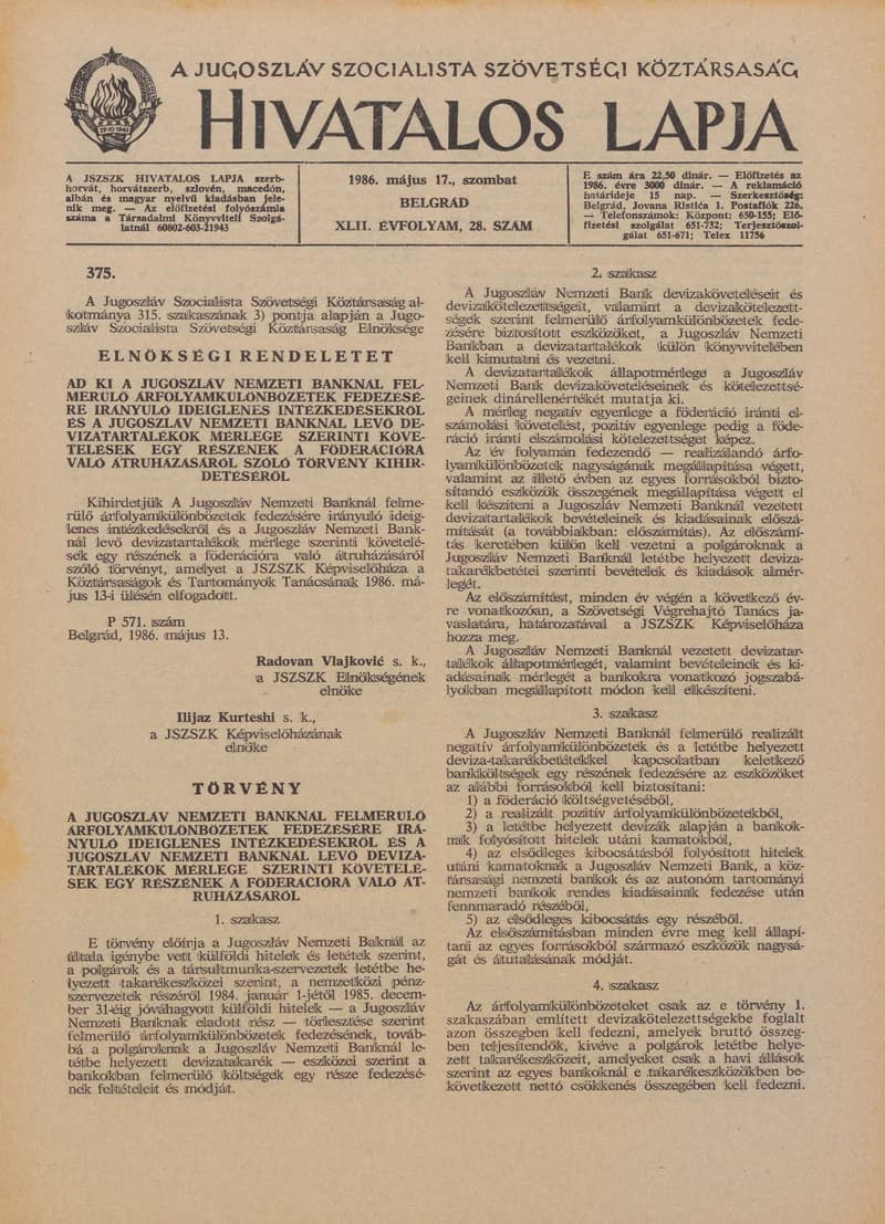 A Jugoszláv Szocialista Szövetségi Köztársaság Hivatalos Lapja, 42. évf. 1986. május 17. 28. sz. 861–872. oldal