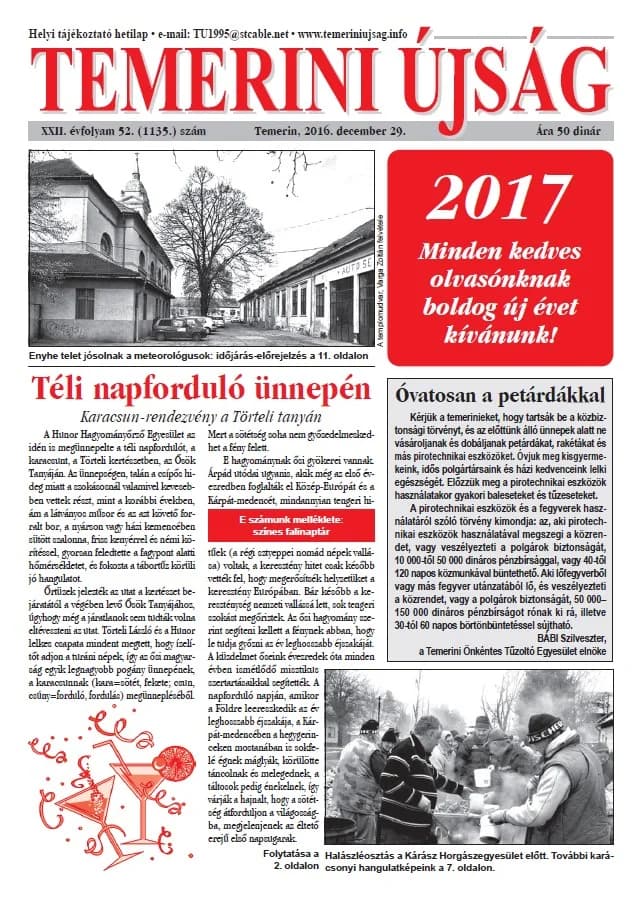 Temerini Újság, 22. évf. 2016. december 29. 52. sz.