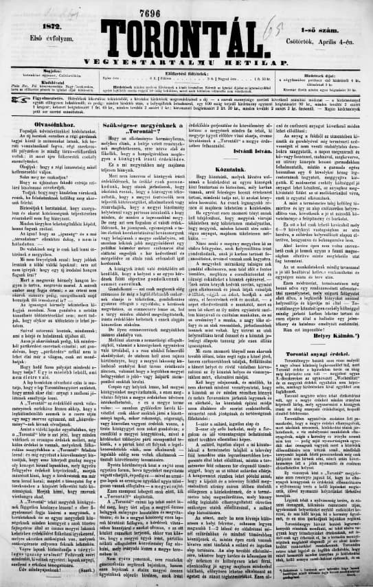Torontál, 1. évf. 1872. április 4. 1. sz.