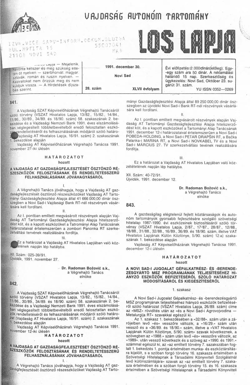 Vajdaság Szocialista Autonóm Tartomány Hivatalos Lapja, 47. évf. 1991. december 30. 28. sz.