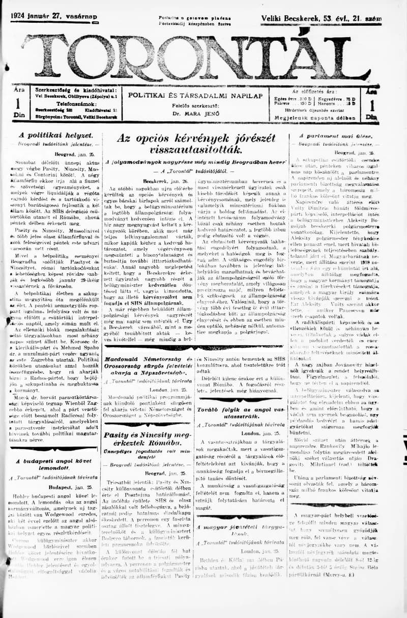 Torontál, 53. évf. 1924. január 27. 21. sz.