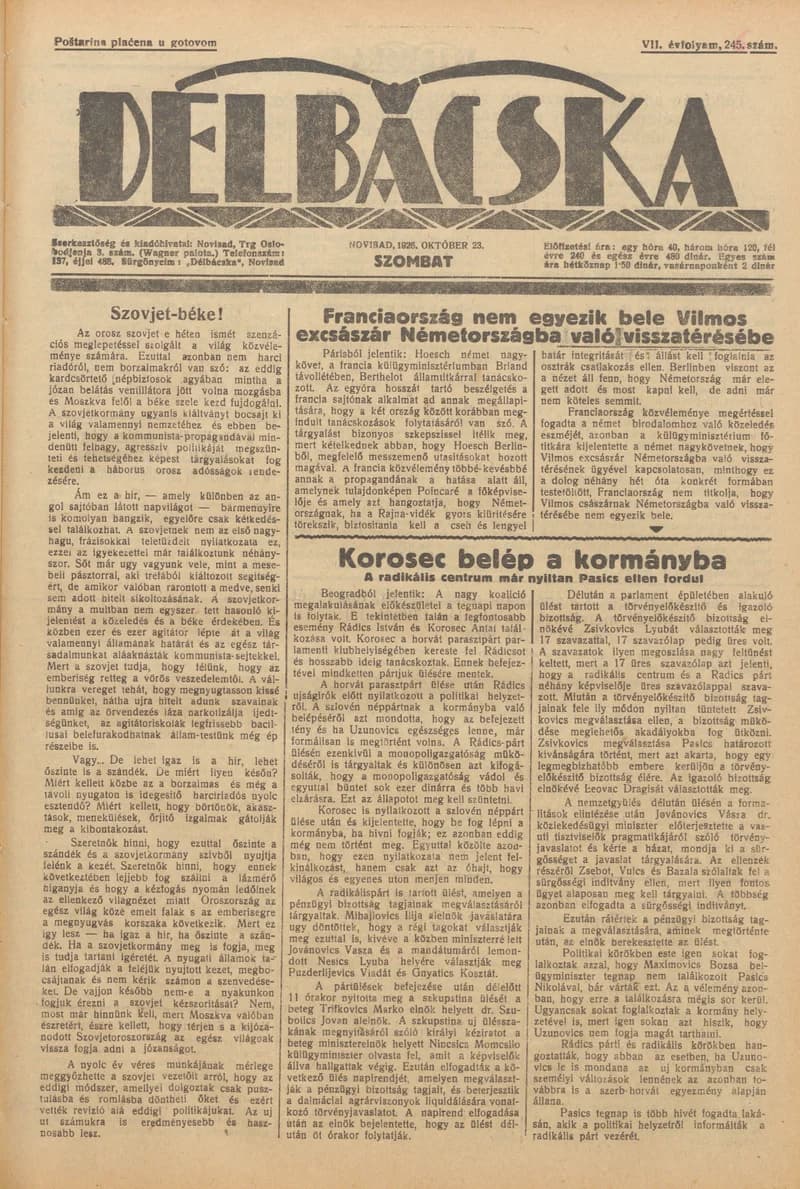 Délbácska, 7. évf. 1926. október 23. 246. sz.
