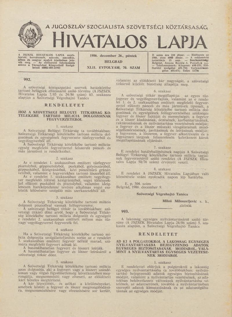 A Jugoszláv Szocialista Szövetségi Köztársaság Hivatalos Lapja, 42. évf. 1986. december 26. 70. sz. 2073–2096. oldal