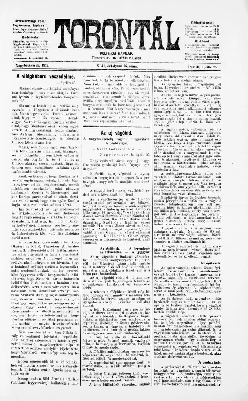 Torontál, 42. évf. 1913. április 25. 95. sz.