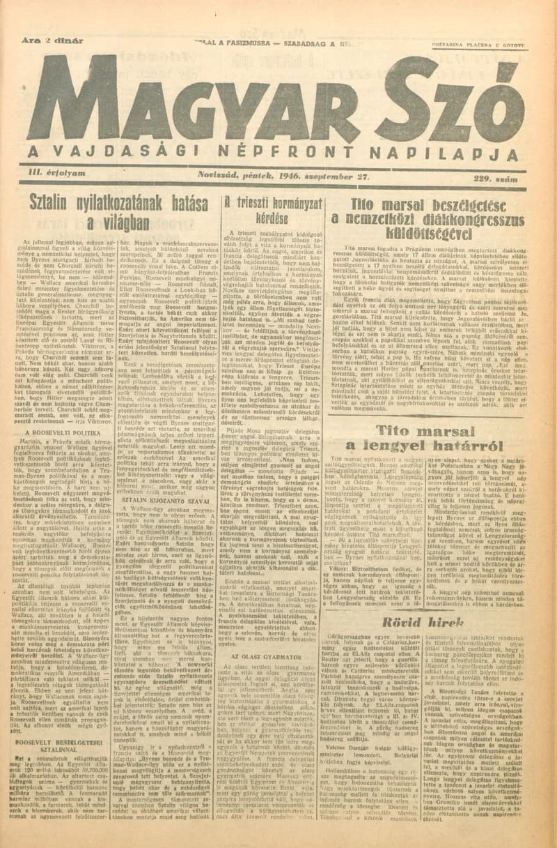Magyar Szó, 3. évf. 1946. szeptember 27. 229. sz. 1–4. oldal