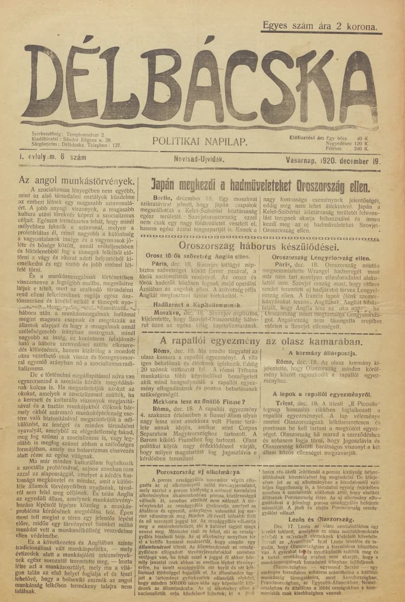Délbácska, 1. évf. 1920. december 19. 6. sz.