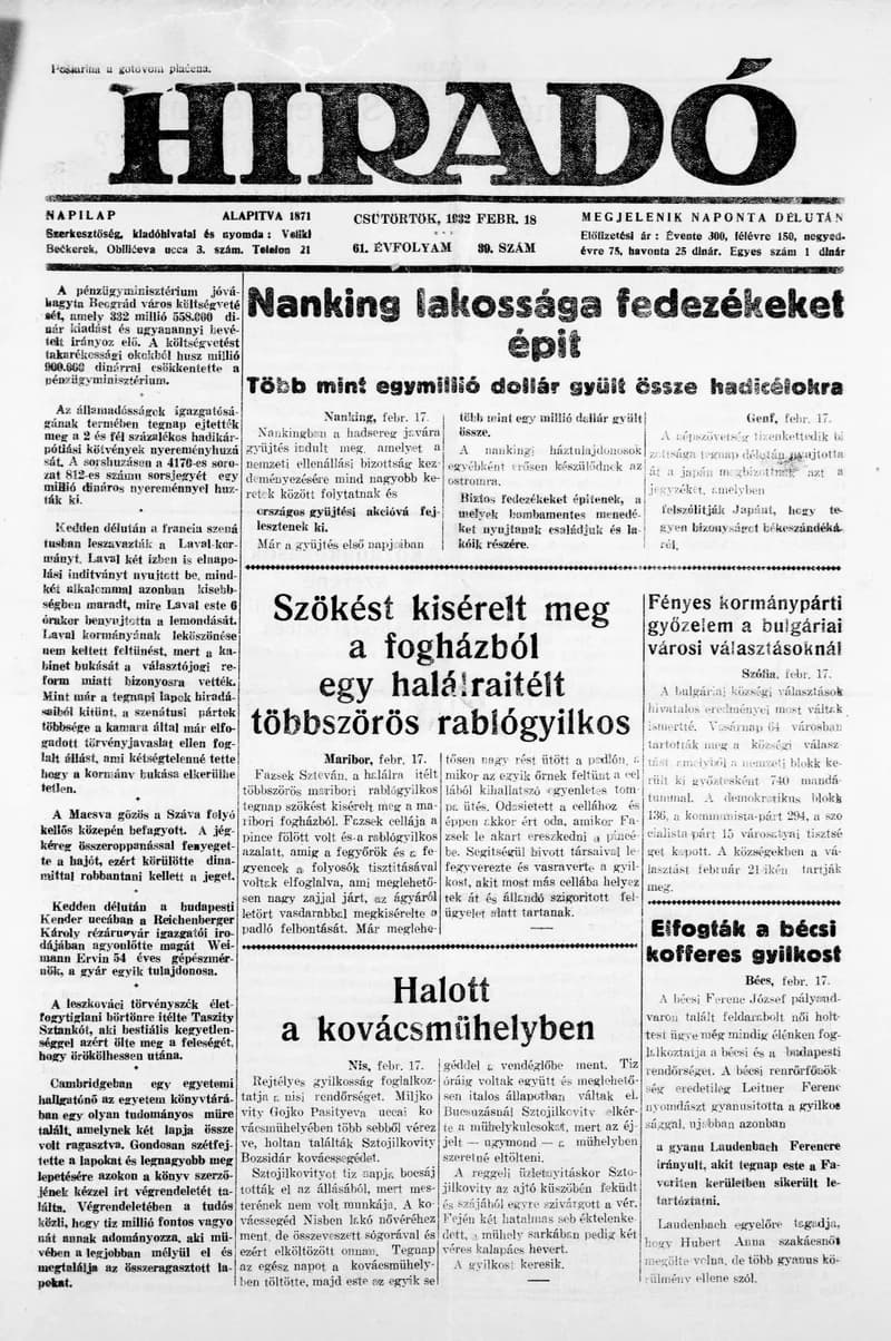 Híradó, 61. évf. 1932. február 18. 39. sz.