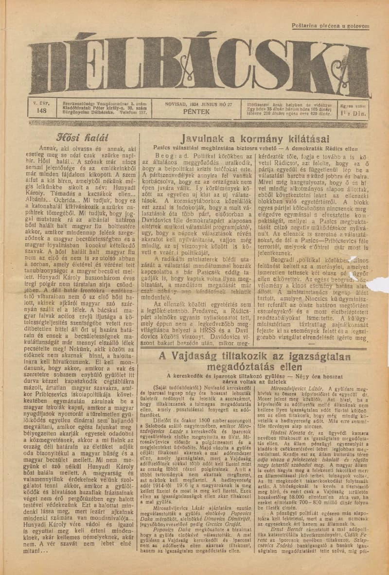 Délbácska, 5. évf. 1924. június 27. 148. sz.