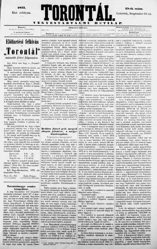 Torontál, 1. évf. 1872. szeptember 19. 25. sz.