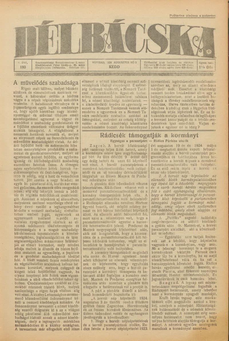 Délbácska, 5. évf. 1924. augusztus 5. 180. sz.