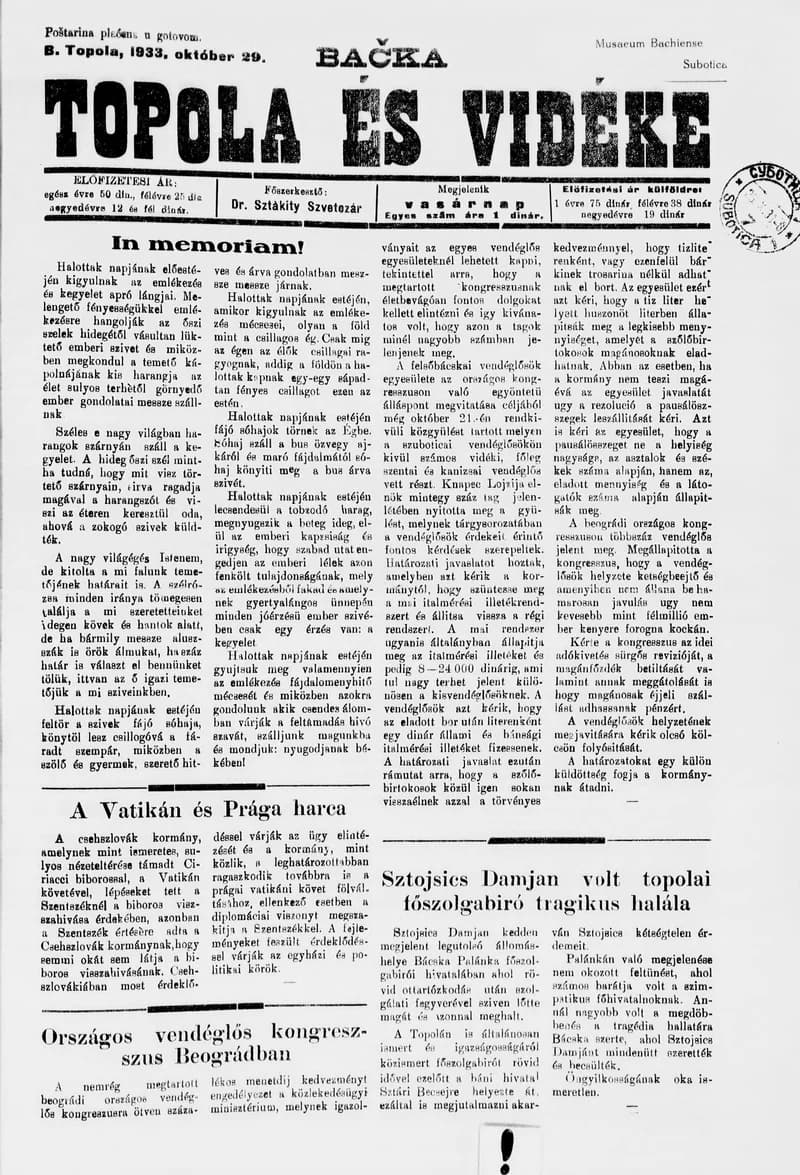 Bačka Topola és Vidéke, 10. évf. 1933. október 29. 44. sz.