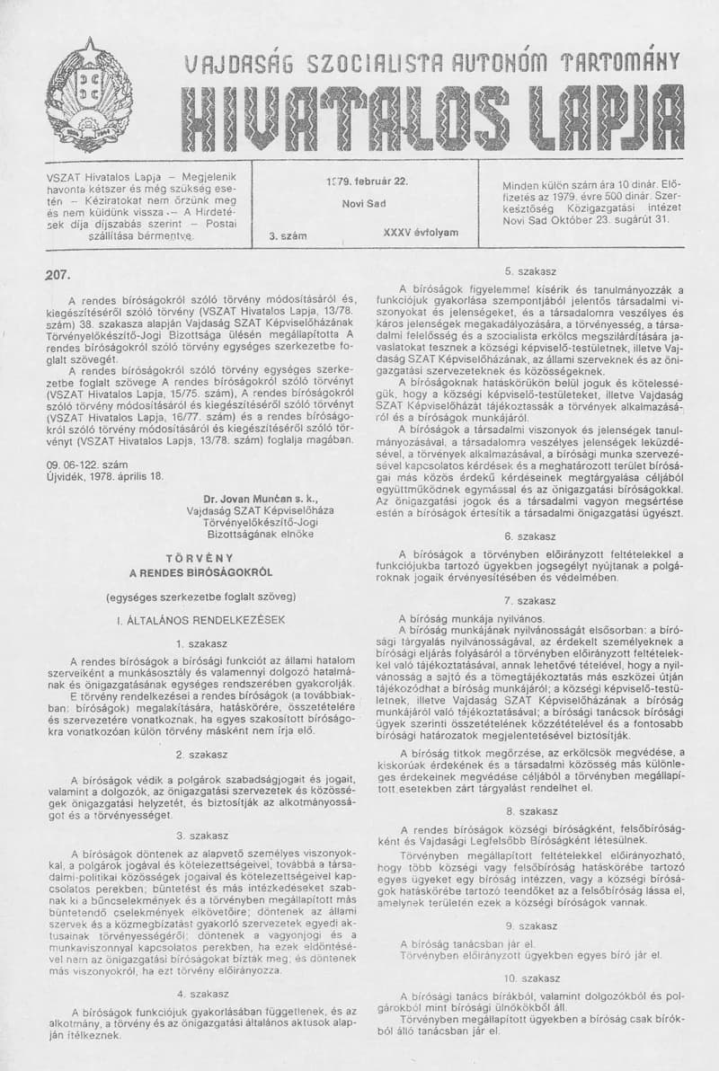 Vajdaság Szocialista Autonóm Tartomány Hivatalos Lapja, 35. évf. 1979. február 22. 3. sz. 249–272. oldal