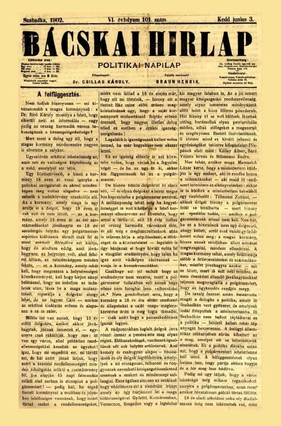 Bácskai Hirlap, 6. évf. 1902. június 3. 101. sz.