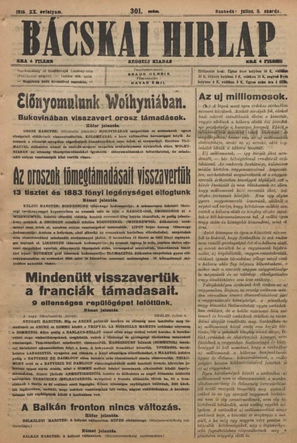 Bácskai Hirlap, 20. évf. 1916. július 5. 301. sz.