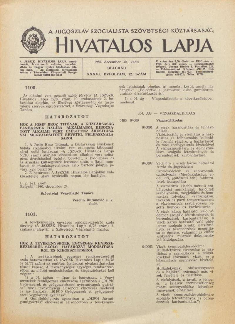 A Jugoszláv Szocialista Szövetségi Köztársaság Hivatalos Lapja, 36. évf. 1980. december 30. 72. sz. 2149–2164. oldal