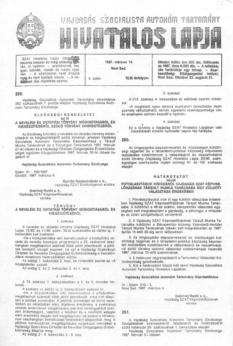 Vajdaság Szocialista Autonóm Tartomány Hivatalos Lapja, 43. évf. 1987. március 19. 5. sz.
