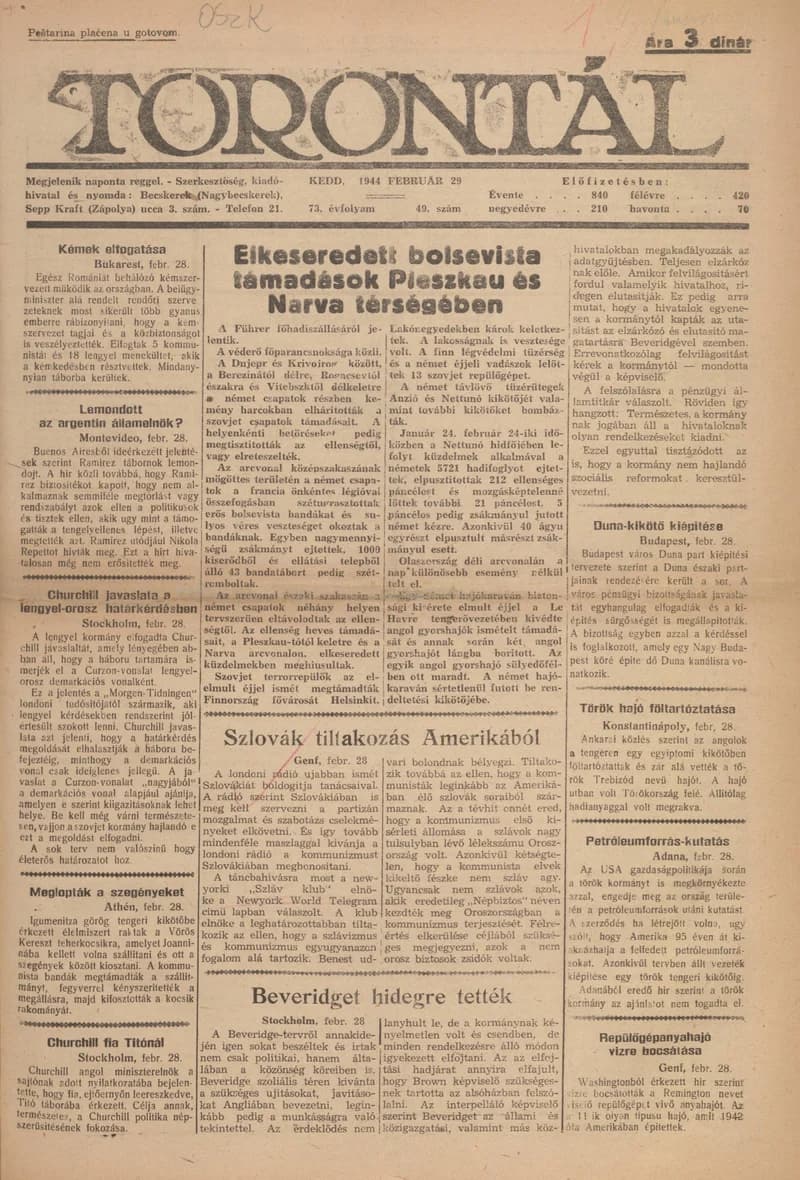 Torontál, 73. évf. 1944. február 29. 49. sz.