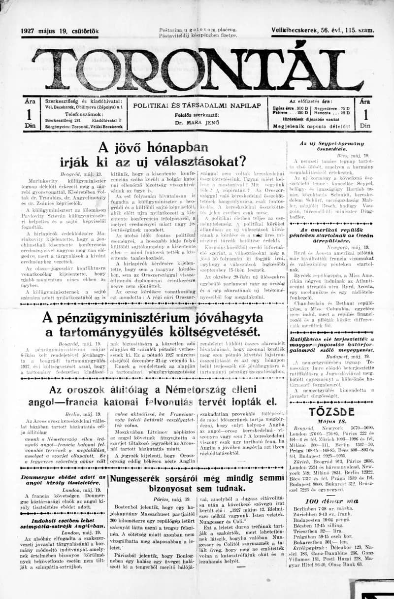 Torontál, 56. évf. 1927. május 19. 115. sz.