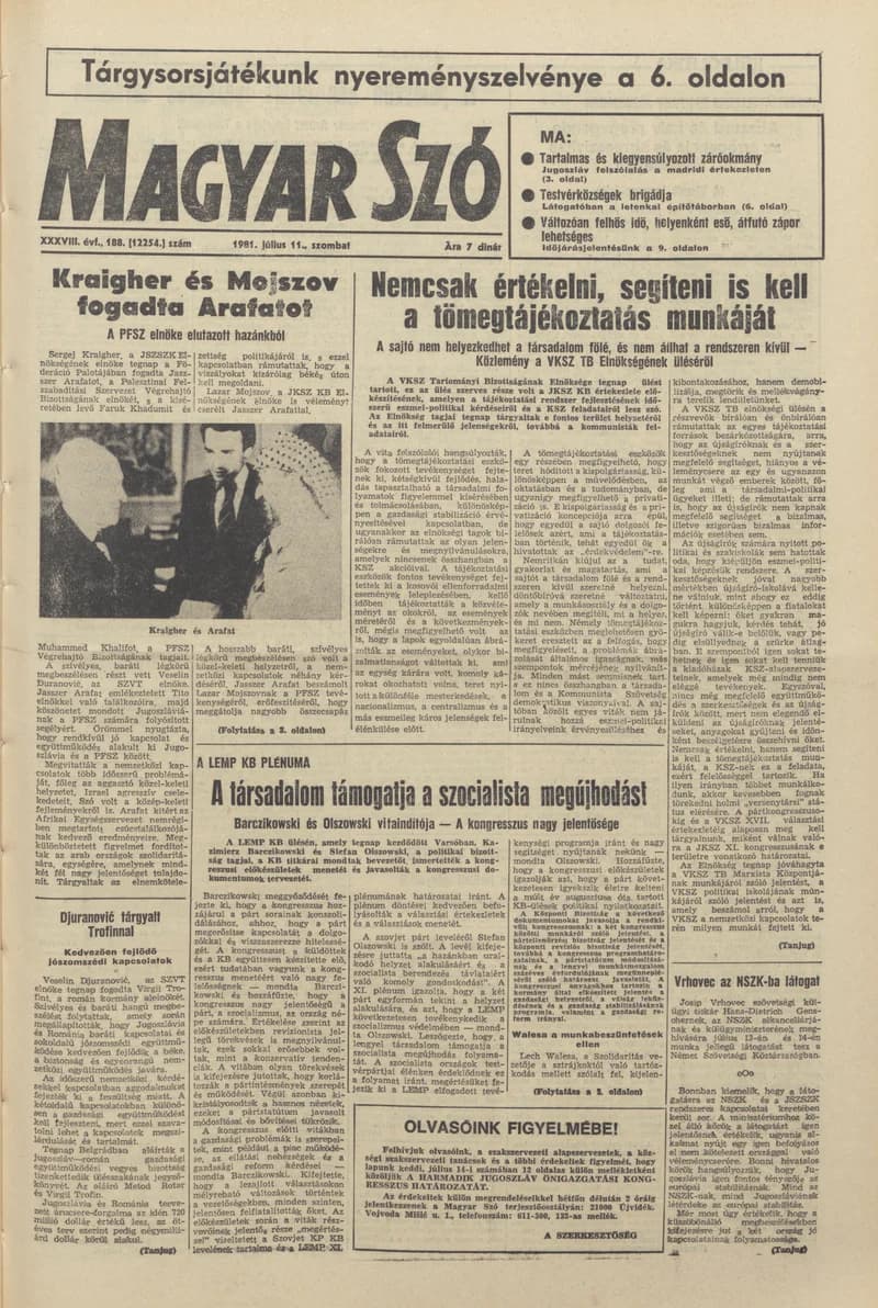 Magyar Szó, 38. évf. 1981. július 11. 188. sz.