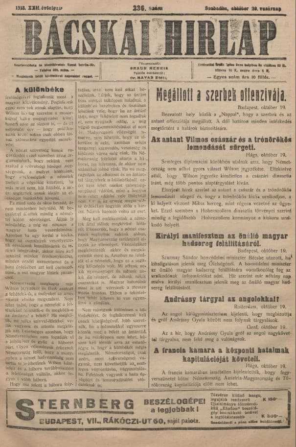 Bácskai Hirlap, 22. évf. 1918. október 20. 236. sz.