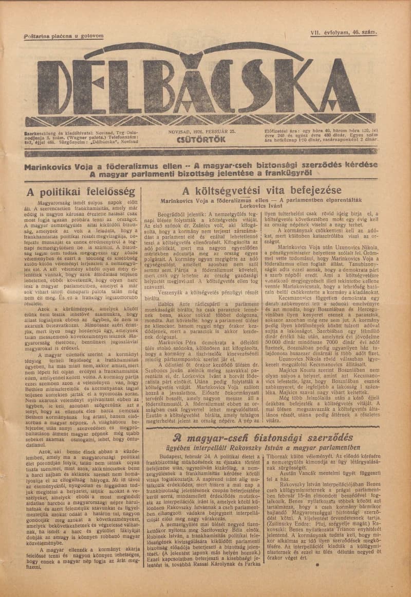 Délbácska, 7. évf. 1926. február 25. 46. sz.