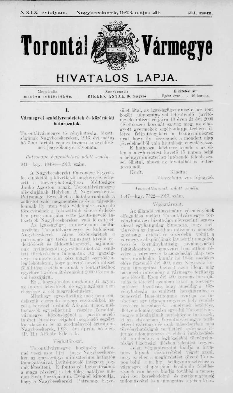 Torontál Vármegye Hivatalos Lapja, 29. évf. 1913. május 29. 24. sz.