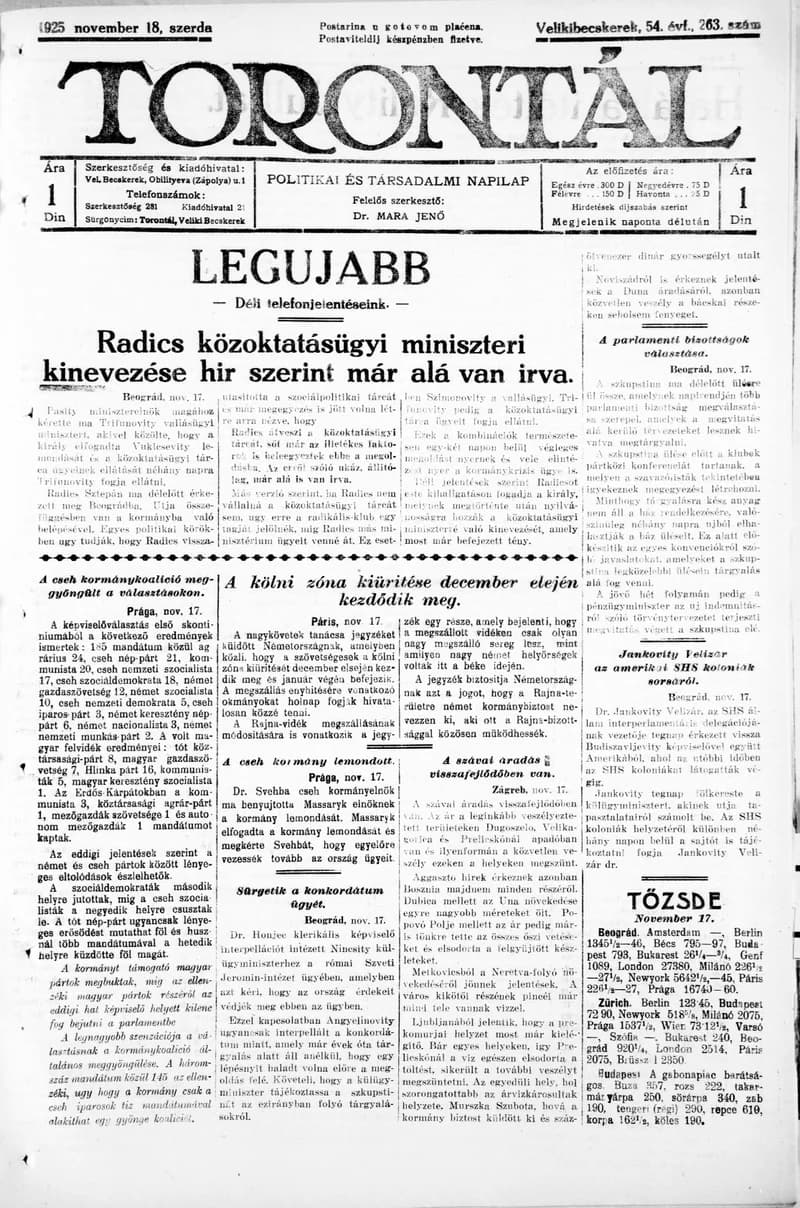 Torontál, 54. évf. 1925. november 18. 263. sz.