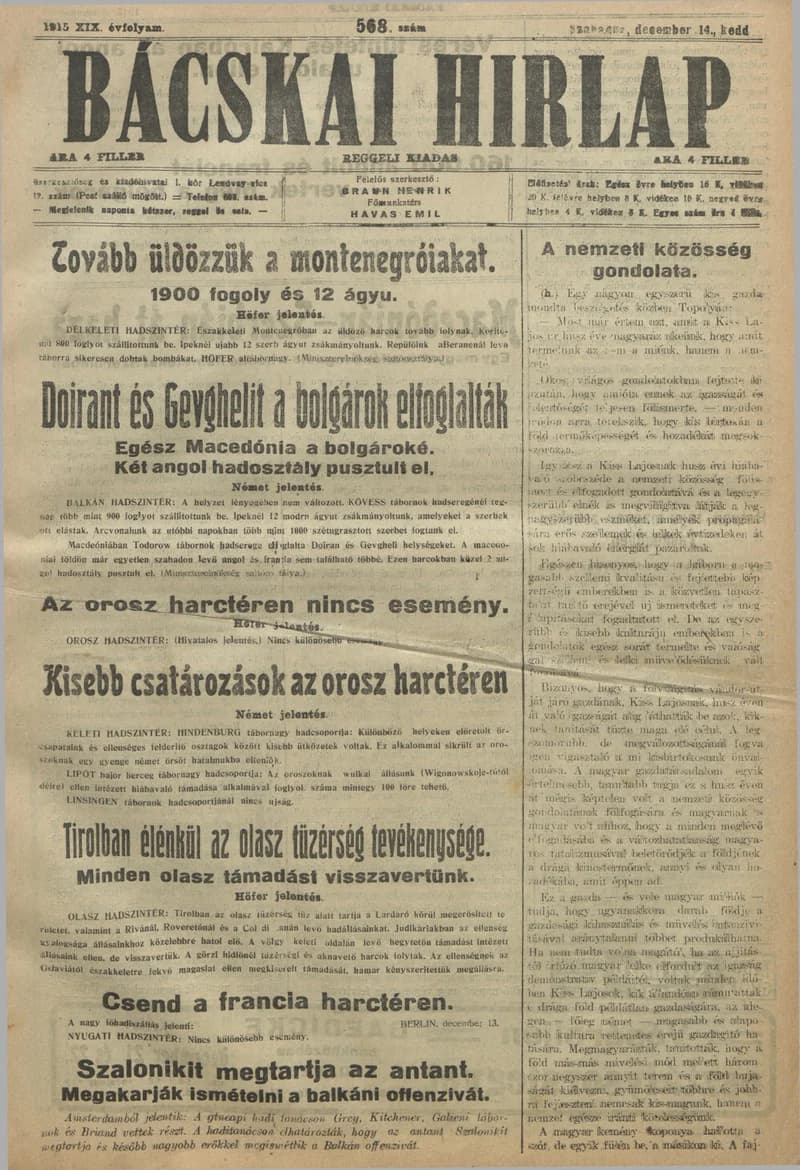 Bácskai Hirlap, 19. évf. 1915. december 14. 568. sz.