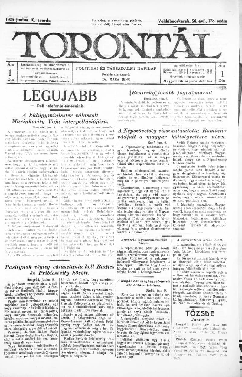 Torontál, 54. évf. 1925. június 10. 128. sz.