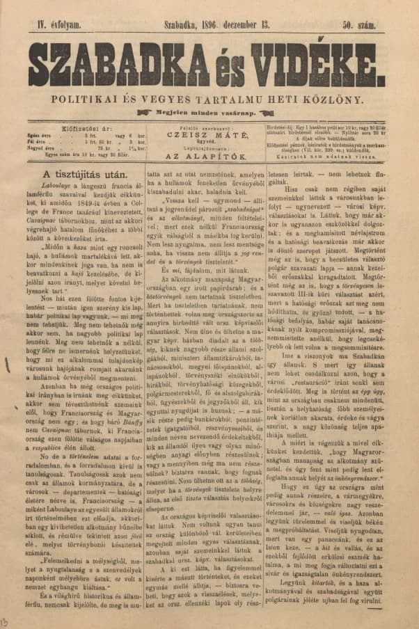 Szabadka és vidéke II, 4. évf. 1896. december 13. 50. sz.